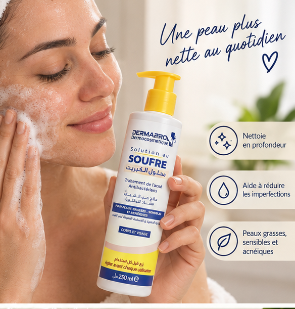 Femme nettoyant son visage avec la solution au soufre Dermapro Plus 250 ml
