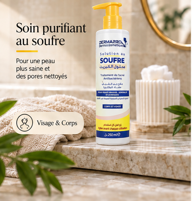 Solution au soufre Dermapro Plus en ambiance salle de bain beige