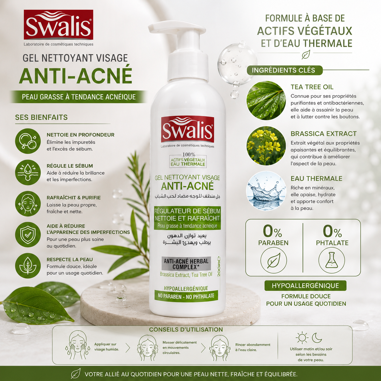 Gel nettoyant visage Swalis au tea tree contre les imperfections